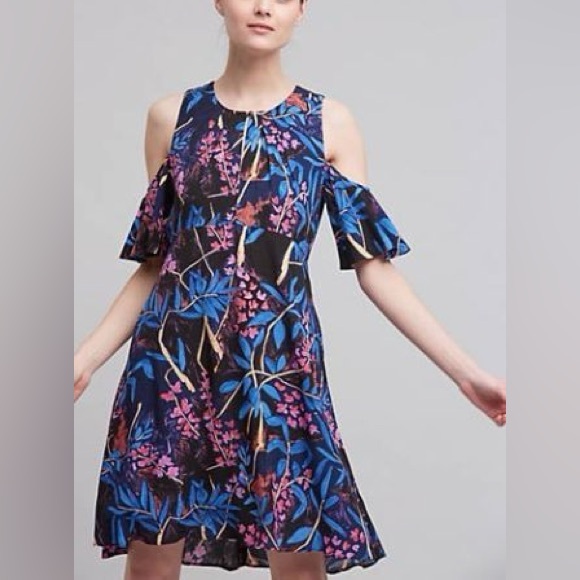 ANTHROPOLOGIE Maeve Elia Cold Open Shoulder Dress Floral - Picture 2 of 10